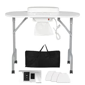 AGESISI Portable Manicure Table Foldable Nail Desk with Charging Station & Dust Collector Professional Nail Tech Table for Technician Spa Salon Workstation, Wrist Pad 4 Lockable Wheels, 36-inch, White