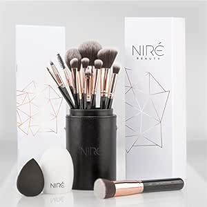 Nire Beauty 15piece Award Winning Professional Makeup Brush Set: Vegan Makeup Brushes with Case, Makeup Sponge, Brush Cleaner, Guide, Gift Box
