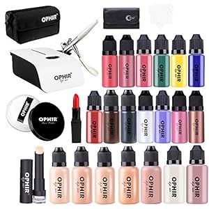 OPHIR 0.3mm Complete Airbrush Makeup System Kit with Mini Air Compressor & 7X 30ML Foundation 13X 10ML Blush Eyeshadow Concealer Loose Powder Set & Bag Cosmetic Set for Movie Stage Makeup