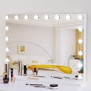 LOWIX IMakeup Mirror with 18 Hollywood Bulbs 32"x 24" with Removable 5X Magnifier, 3 Color Lighting Modes, Touch Controls,White