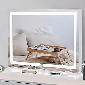 LOWIXI LED Makeup Mirror with Lights for Girls 32"x24", 3 Color Modes, Knob Controls, USB Charging Port, Aluminum Frame,White