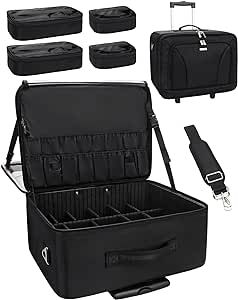 MONSTINA Rolling Makeup Train Case,Trolley Cosmetic Case,3-Layer Cosmetic Organizer,Extra Large Makeup Travel Bag for Hairstylist, Trolley Travel Hairdressing Case with Adjustable Divider(Black)