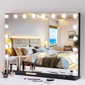 LOWIXI Hollywood Makeup Mirror with Lights 32"x24", 18 LED Bulbs, 3 Color Modes, Knob Control, USB Charging Port, Aluminum Frame,Black