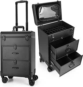 Yokilly Rolling Makeup Train Case, Professional Cosmetology Case on Wheels, Aluminum Cosmetic Trolley Travelling Cart Trunk with Swivel Wheels, Sliding Drawer & Keys for Nail Technician Stylist(Black)